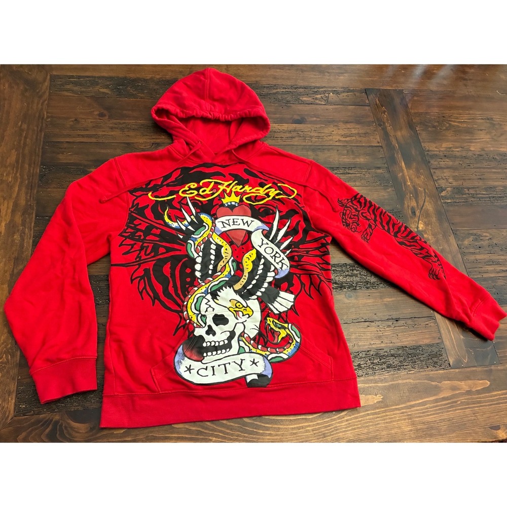 Ed Hardy Authentic NYC Eagle Skull Red Hoodie Vintage Streetwear Men's Small - Picture 2 of 5
